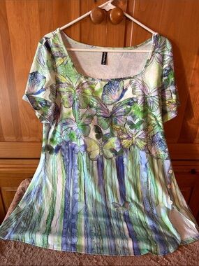 Butterfly-Print Scoop Neck Tunic Top - Green & Blue